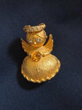 Vintage Signed Ultra Gold Textured Rhinestone Halo Angel Brooch, 1.5"